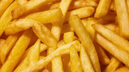Pile of delicious French fries om background, top view