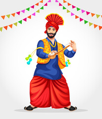 Sikh Punjabi man with wooden iktara dancing folk dance bhangra on occasions like Lohri or Baisakhi