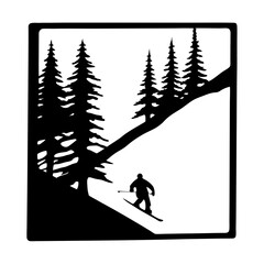 Silhouette of a Skier Descending a Snowy Mountain Slope Surrounded by Tall Pine Trees in a Scenic Winter Landscape