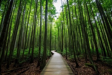 Fototapeta premium Serene Bamboo Forest Boardwalk with Dappled Shadows and Peaceful Atmosphere