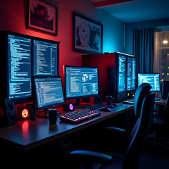 Step into a high-tech hacker workspace designed for cinematic projects, digital content creation, and futuristic design needs. This realistic hacker scene features a dark and moody environment,