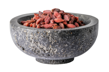 Stone Mortar Bowl with Goji Berries Isolated On Transparent Background