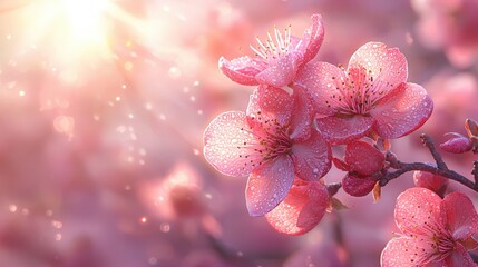 Vibrant peach blossom flowers in full bloom under golden spring sun rays with soft blurred tree background, featuring large banner area and clean copy space for branding or promotional content.