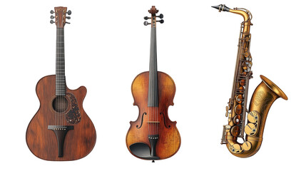 Naklejka premium A collection of three musical instruments an acoustic guitar, a violin, and a saxophone, showcasing craftsmanship