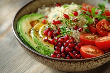 Colorful salad featuring ripe tomatoes, avocado, quinoa, and pom