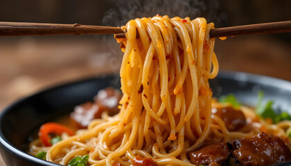 Deliciously steaming noodles lifted with chopsticks.