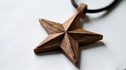 Wooden star pendant on black cord necklace close-up.