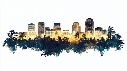 Fototapeta premium Night city skyline, trees, urban landscape, design element