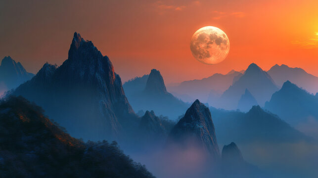 Misty mountain range sunset, full moon, tranquil scene, nature wallpaper