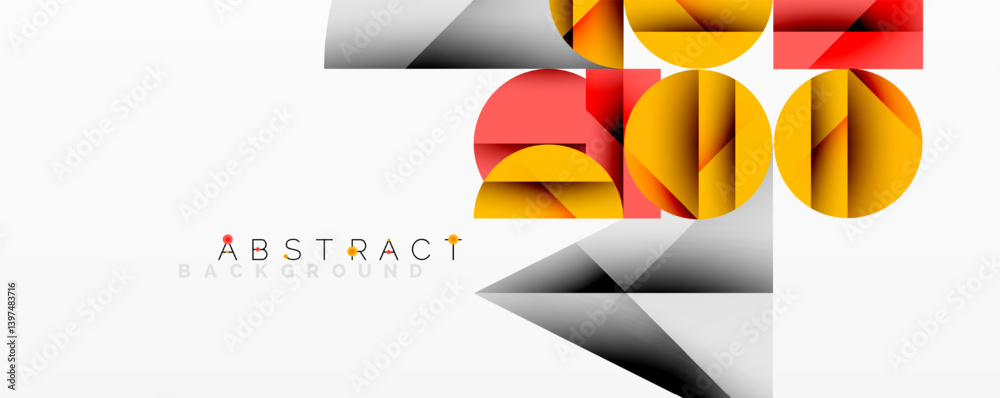 Poster geometric shapes overlap creating dynamic composition. yellow, red, gray tones dominate design. mini