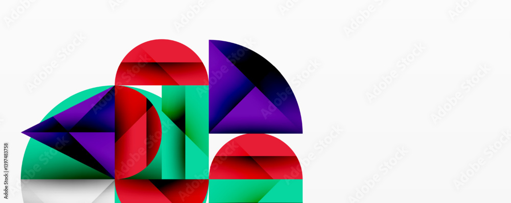 Aufkleber Abstract geometric composition. Overlapping colorful semicircles, triangles create dynamic visual effect. Bright hues contrast against white background. Modern design element.
