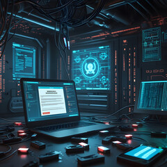 Step into a high-tech hacker workspace designed for cinematic projects, digital content creation, and futuristic design needs. This realistic hacker scene features a dark and moody environment,