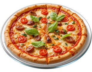 Delicious Pizza with Sausage, Tomato and Basil Ready to Be Served