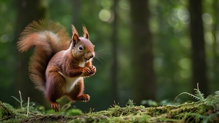 Eurasian red squirrel jumping in the forest of Noord Brabant in Netherlands.