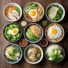 Healthy balanced breakfast with avocado poached eggs toast and leafy greens in small bowls with fork on rustic table in natural light setup