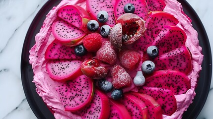 Vibrant pitaya and cashew cream dip artistically plated with fresh dragon fruit slices