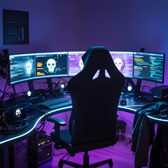 Step into a high-tech hacker workspace designed for cinematic projects, digital content creation, and futuristic design needs. This realistic hacker scene features a dark and moody environment,