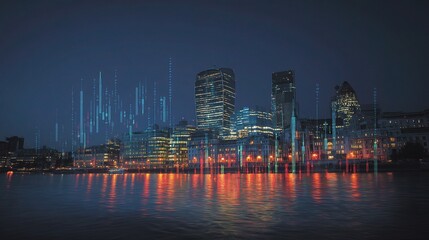 Fototapeta premium Night Skyline with Stock Exchange Buildings and Reflections on Water