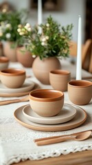 Elegant table setting with rustic pottery and floral centerpiece for a cozy dining experience in a warm, inviting home atmosphere