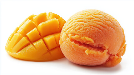 Mango sorbet and fresh mango slice create vibrant and refreshing dessert experience, perfect for warm days