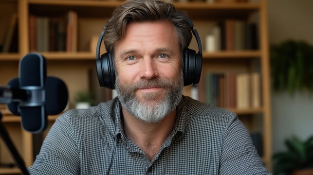 Engaging podcast host smiling during an episode recording in a cozy home office space with bookshelves in the background