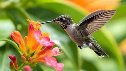 Naklejka premium Hummingbird feeding on orange and pink honeysuckle flowers in a natural setting.
