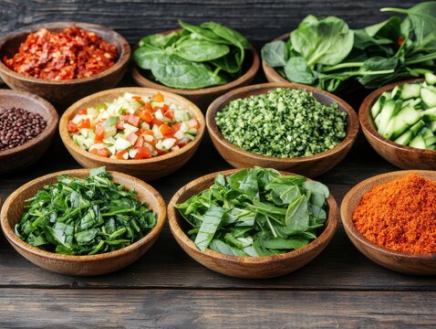 Assorted vibrant spices and fresh herbs in round bowls placed on black textured surface in organized symmetrical top down culinary composition