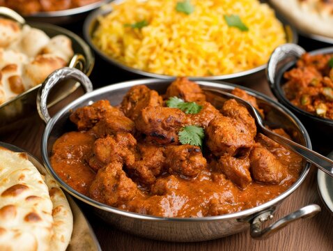 Indian curry dish with rich gravy served in metal bowl with naan and yellow rice on wooden surface under natural warm light from top view