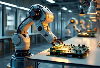 Advanced robotic arm assembling electronic components in a high-tech factory during nighttime operations