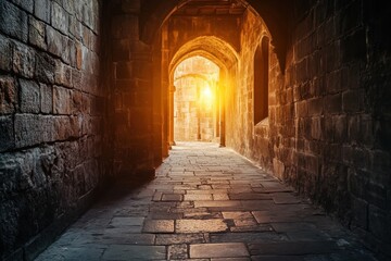 Obraz premium Sunlight shines through ancient arched corridor in historic stone building at sunset