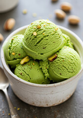 A tempting bowl of pistachio ice cream, perfectly presented for a delightful culinary experience.
