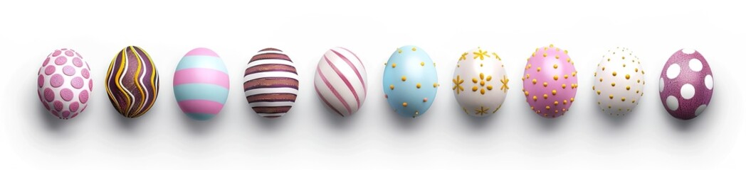 Fototapeta premium 3D Easter eggs with different patterns, isolated on a white background, top view.