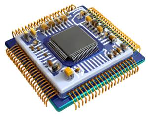 High tech microprocessor chip with intricate circuitry and gold pins, showcasing advanced technology and design. This component is essential for modern electronic devices and computing systems
