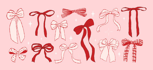 Coquette ribbon bow vector set. Hand drawn feminine bows in red and pink. Vintage style girly bow collection for fashion, stationery, packaging, scrapbooking, stickers, social media and cute design