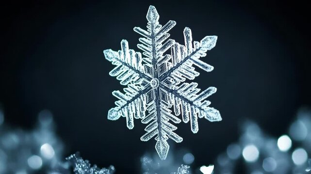 A single perfect snowflake suspended in midair glowing