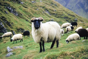 Fototapeta premium Sheep grazing on a lush green hillside, with a striking white sheep facing the camera. Serene pastoral scene with hills