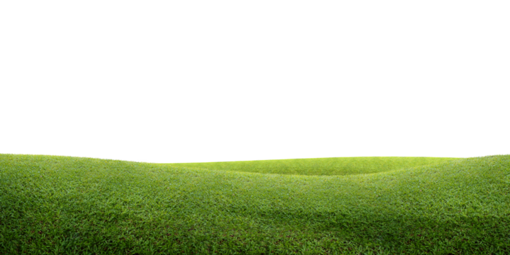 green grass field/Green grassy hills stretch gently under a clean white background, creating a simple and peaceful natural scene.