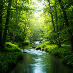 Obraz premium Lush Green Forest Stream Nature Photography