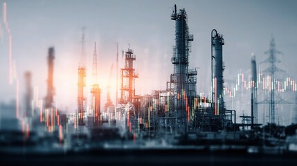 Obraz premium Double Exposure of Oil Refinery Plant with Abstract Data Overlay