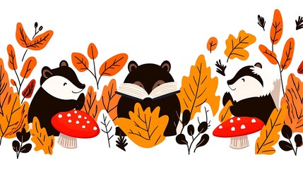 Autumnal badger friends reading books amidst colorful leaves.