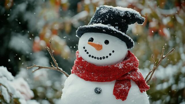 A snowman decorated with a red scarf and black hat