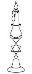 Candle in a candlestick on a high stand. The candlestick is decorated with the Star of David. Sketch. Vector illustration. Outline on an isolated background. Coloring for children. A drop of wax flows