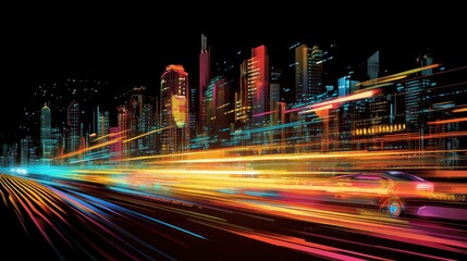 Night city lights blur, vibrant motion