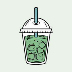 Iced Matcha Green Tea Drink in Plastic Cup Cartoon Illustration