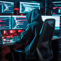 Step into a high-tech hacker workspace designed for cinematic projects, digital content creation, and futuristic design needs. This realistic hacker scene features a dark and moody environment,