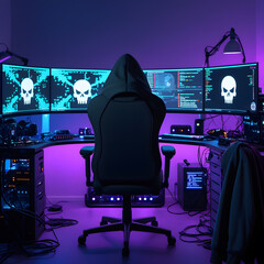 Step into a high-tech hacker workspace designed for cinematic projects, digital content creation, and futuristic design needs. This realistic hacker scene features a dark and moody environment,