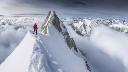 Climber atop snowy mountain peak.  Vast alpine panorama