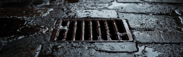 Close-up of a Wet Street Drain Absorbing Rainwater on a Stone Pavement