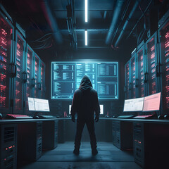 Step into a high-tech hacker workspace designed for cinematic projects, digital content creation, and futuristic design needs. This realistic hacker scene features a dark and moody environment,