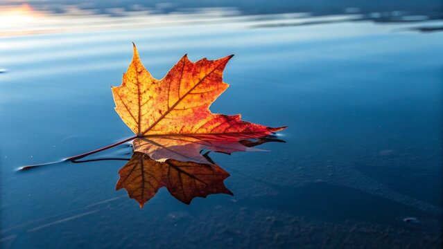 A single autumn maple leaf floating on calm blue water, with a reflection.
